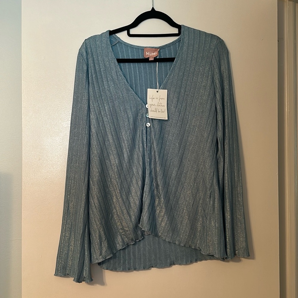 Blue shimmer show me your mumu 3 button open blouse